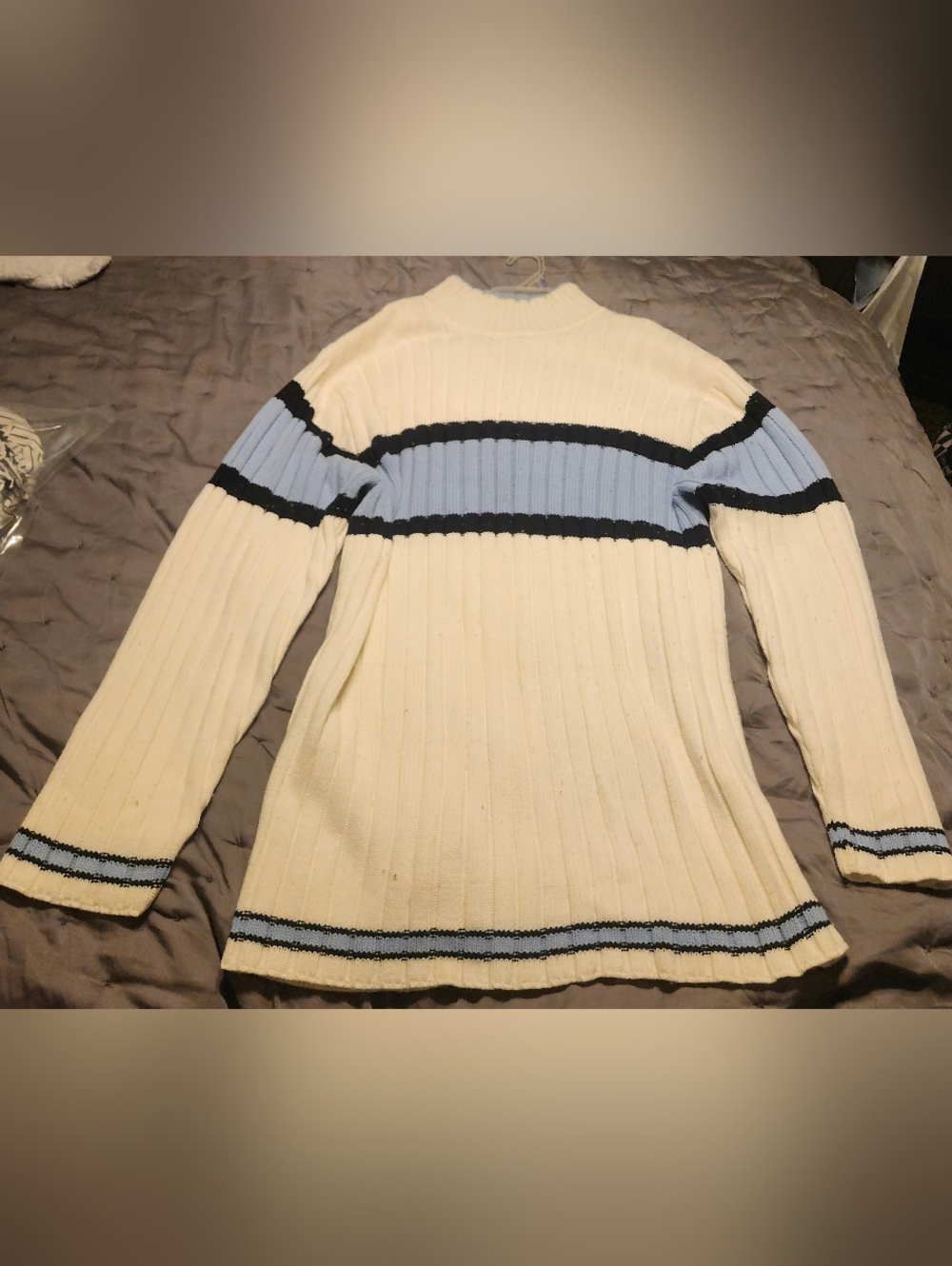 South Pole Cream Ribbed Turtleneck Sweater with Light Blue & Black Stripes